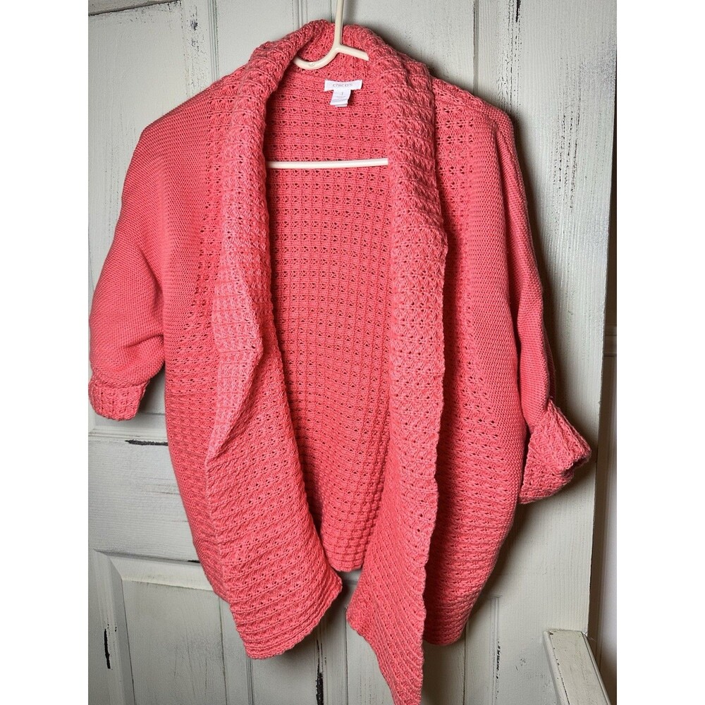 Chico’s Open Front Crochet Knit Cardigan Coral Sz 1